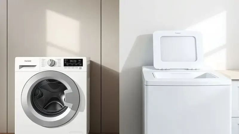 Comparativo visual entre uma máquina de lavar com porta frontal (front load) e uma com tampa superior (top load) em uma lavanderia.