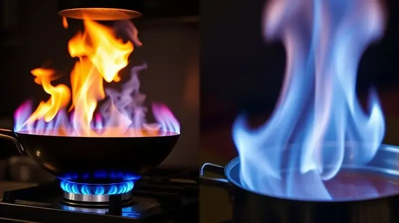 Montagem mostrando a diferença entre chamas: uma chama azul forte de alta pressão e uma chama menor e controlada de baixa pressão em um fogão industrial.