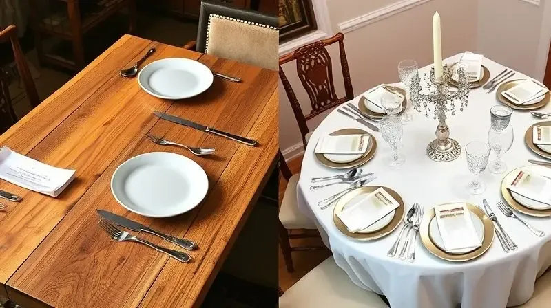 Comparativo de uma mesa de jantar formal com talheres clássicos e uma mesa casual com faqueiro moderno, ilustrando designs para cada ocasião.