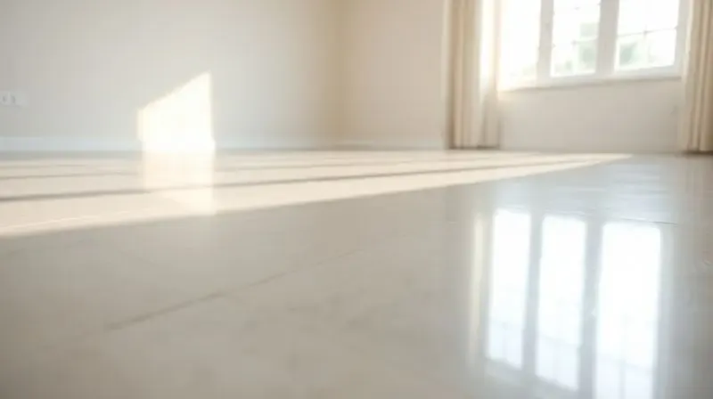 Visão de um piso impecavelmente limpo e brilhante, refletindo a luz da janela, simbolizando o resultado final de uma limpeza perfeita.