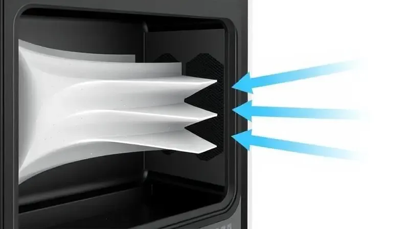 Animação 3D do interior de um purificador de ar, mostrando o processo de filtragem de partículas e a saída de ar limpo.
