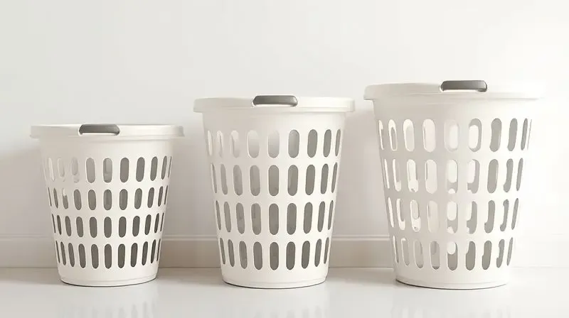 Três cestos de roupa de tamanhos diferentes, pequeno, médio e grande, alinhados para ilustrar a variação de capacidade e auxiliar na escolha.
