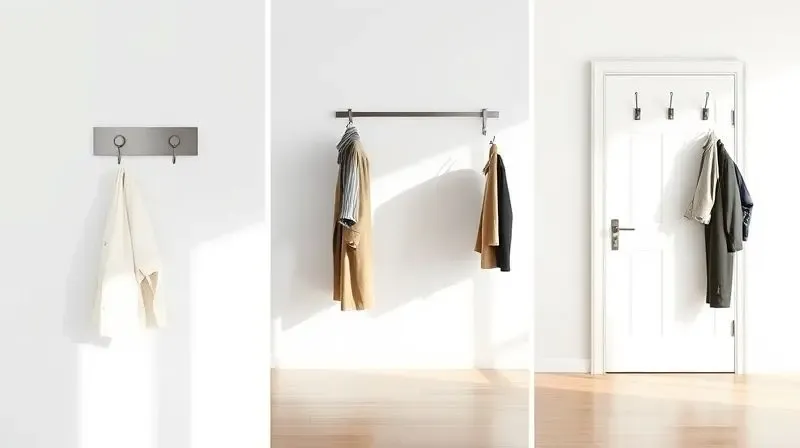 Comparativo visual mostrando os três tipos de cabideiro: um modelo de parede, um de chão e um de porta, lado a lado.