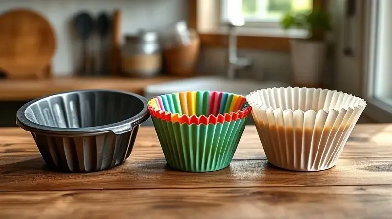 Comparativo de materiais para formas de cupcake: um molde de metal, uma forminha de silicone colorida e uma de papel sobre uma bancada.