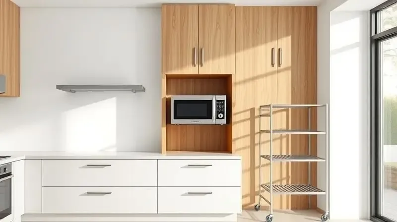Comparativo visual de três tipos de suporte para micro-ondas: suspenso de metal, nicho de madeira embutido e um móvel com prateleiras em uma cozinha moderna.