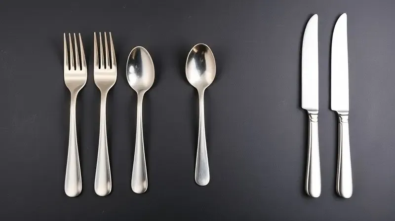 Vista superior de diferentes tipos de talheres alinhados, incluindo garfo de jantar, de sobremesa, colher de sopa e faca de carne.