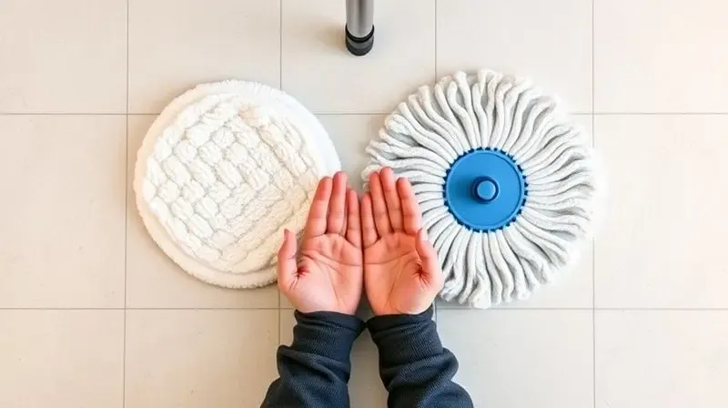 Mãos de uma pessoa comparando diferentes tipos de refil de mop sobre uma superfície branca, representando o processo de escolha do mop ideal.