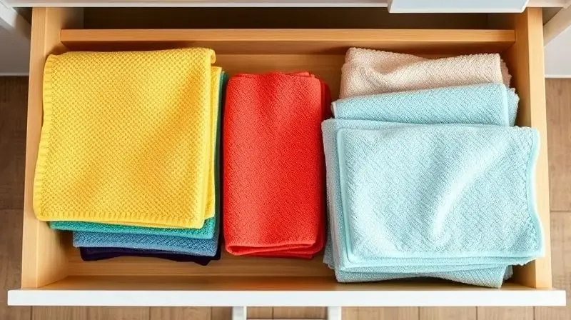 Gaveta de cozinha aberta e organizada com pilhas de panos de prato separados por cor para diferentes usos, ilustrando a necessidade de ter vários.