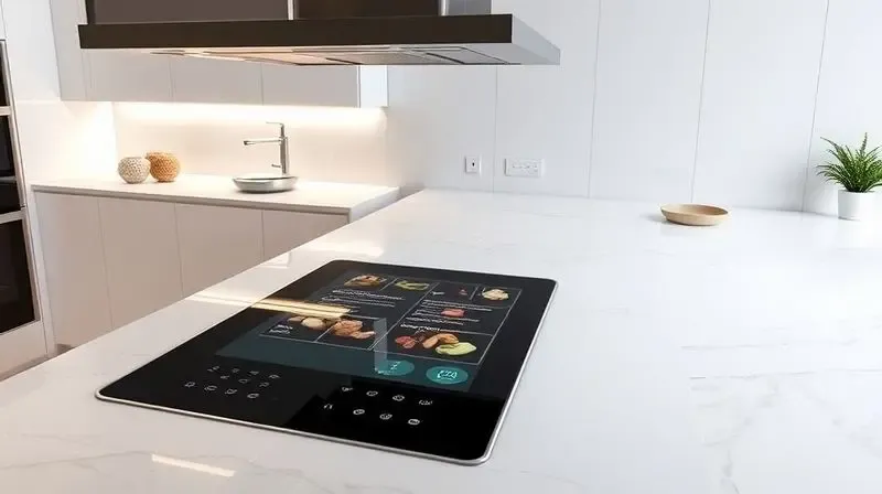 Ultra-modern, minimalist kitchen featuring a futuristic stove with a transparent touchscreen display showing recipes, seamles