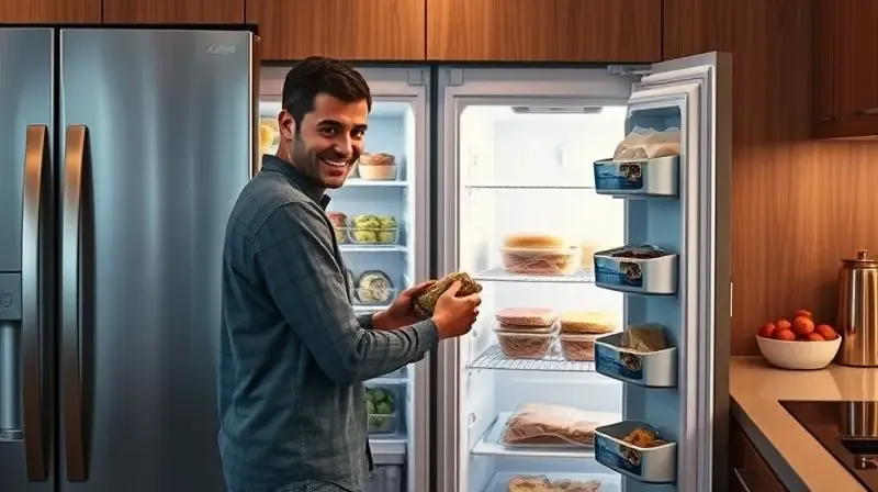 Pessoa sorrindo ao pegar facilmente um item de um freezer vertical bem abastecido, demonstrando a praticidade e as vantagens do eletrodoméstico.