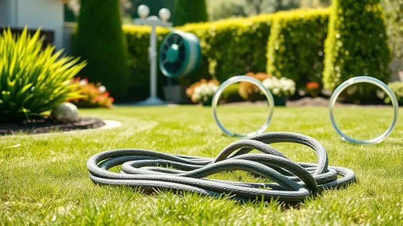 Jardim organizado com um enrolador de mangueira na parede ao fundo, contrastando com uma mangueira bagunçada no chão em primeiro plano.