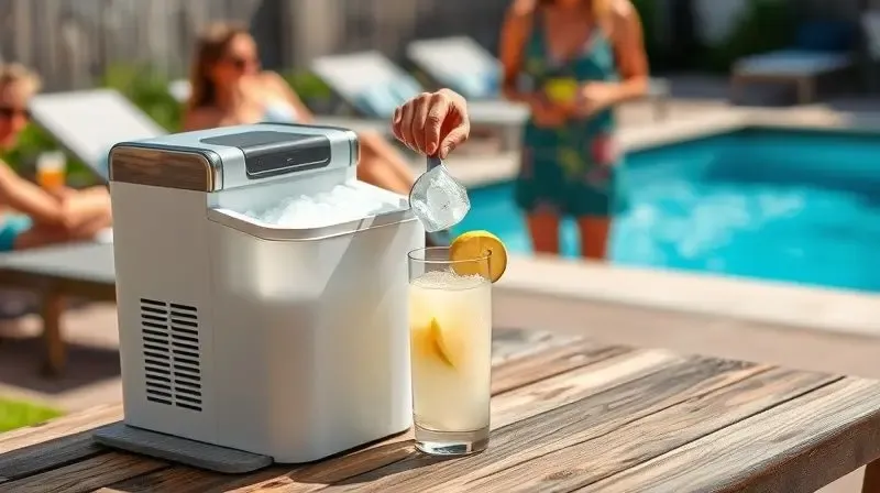 Máquina de gelo portátil em uso em uma área de lazer externa, com uma pessoa enchendo um copo de bebida com gelo fresco.