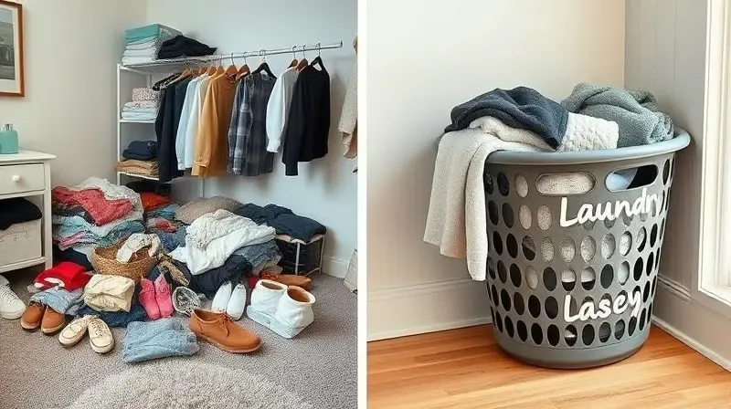 Antes e depois de um quarto desorganizado com roupas no chão e o mesmo quarto organizado com um cesto, mostrando as vantagens de seu uso.
