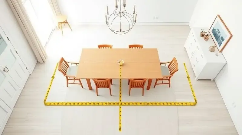 Ambiente de sala de jantar com fita métrica no chão, ilustrando o espaço correto entre as cadeiras e a mesa para boa circulação.