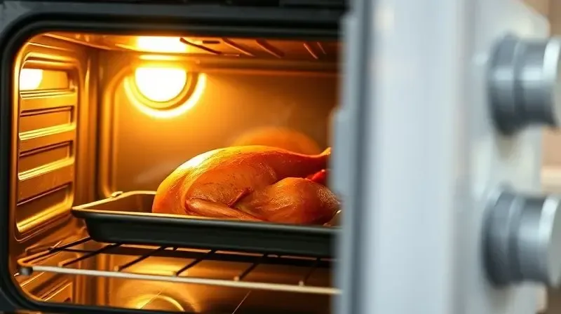 Um frango assado dourado dentro de um forno de fogão limpo e iluminado, visto de dentro para fora, demonstrando a capacidade do forno.