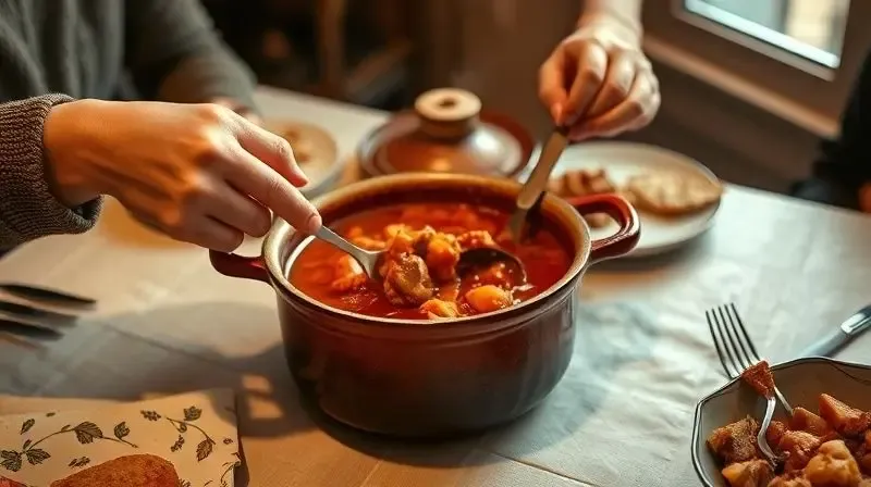 Pessoa servindo uma refeição saborosa de uma panela bonita em uma mesa de jantar, representando a satisfação de cozinhar.