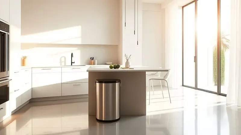 Cozinha bonita e organizada com uma lixeira de design elegante perfeitamente integrada ao ambiente.