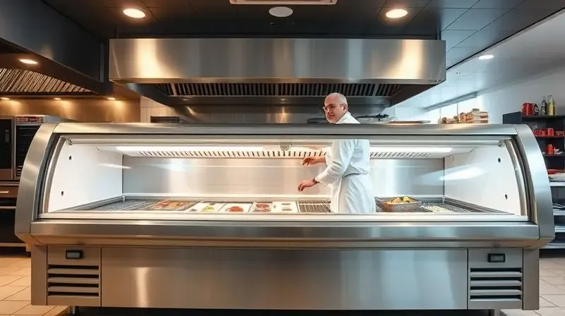 Freezer horizontal de inox em uma cozinha comercial, sendo abastecido por um profissional.
