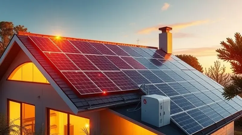 Telhado com painéis solares recebendo luz do sol e conectado a uma estação de bateria, representando um gerador solar.