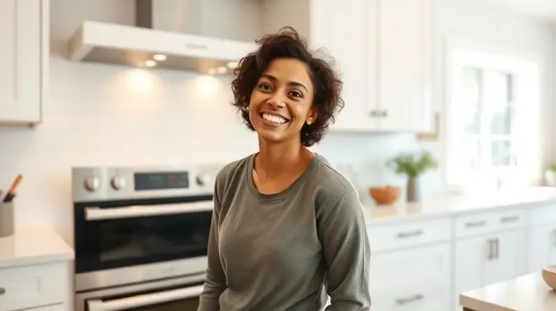 Pessoa sorrindo satisfeita ao lado de seu novo forno de embutir a gás, perfeitamente instalado em uma cozinha moderna e bem projetada.