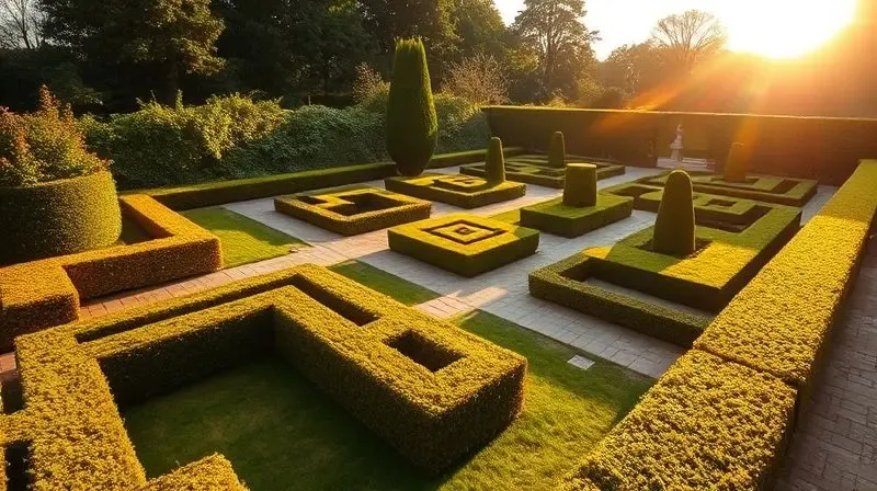 Jardim impecavelmente podado com cercas vivas em formas geométricas, iluminado pela luz do pôr do sol, mostrando um resultado profissional.